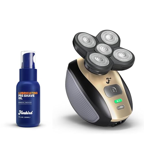 Freebird FlexSeries¢â Shaving Kit with Pre Shave Oil - Fast, Smooth, Water-Resistant Electric Head Shaver with 5 Flexible Blades and Sandalwood Oil, USB Rechargeable, Ideal for Bald Men and Women