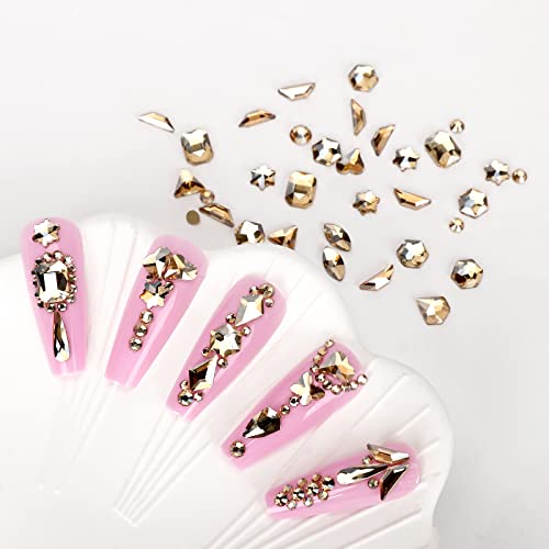 Gold Rhinestones for Nails Champagne Nail Gems Diamonds-7220Pcs Nail Crystals Jewels-Nail Charms Accessories for Nail Decoration(14 Different Shape+ 6520 Round Gold Nail Stones+Wax Pen)