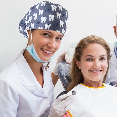 12 Pcs Dental Scrub Cap for Women Nurse Cap with Button Adjustable Dentist Surgical Hat Long Hair Ponytail Pouch Hat