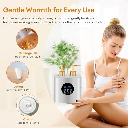 Massage Oil Warmer Heater with 4 Massage Oil Bottles and 2 Funnels,Adjustable Temp (86?149¡ÆF)&Timer (0.5?24H) Lotion Warmer,Dual Bottle Heated Oil Dispenser for Spa, Salon & Home Use(Silver)