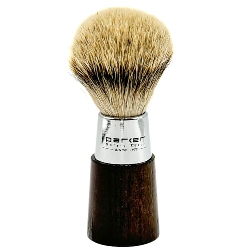Parker Safety Razor Handmade Shaving Brush with 3-Band Silvertip Badger Bristles & Stand | Premium Walnut Wood & Chrome Handle | Luxury Wet Shave Tool for Men