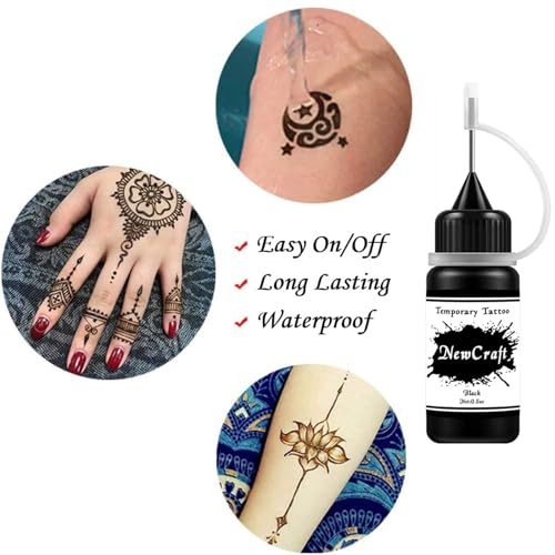 Temporary Tattoo Kit with 6 Bottles Semi Permanent Ink DIY Fake Freckles and 64 Patterns Adhensive Stencils for Women Men, Black/Red
