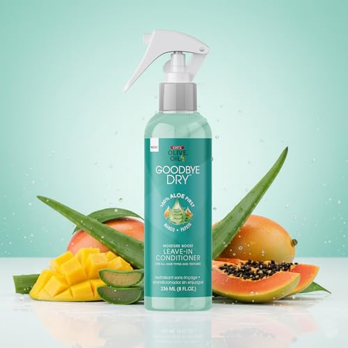 ORS Olive Oil Goodbye Dry Moisture Boost Leave-In Conditioner with Aloe, Mango & Papaya for all Hair Types and Textures 8 Ounces