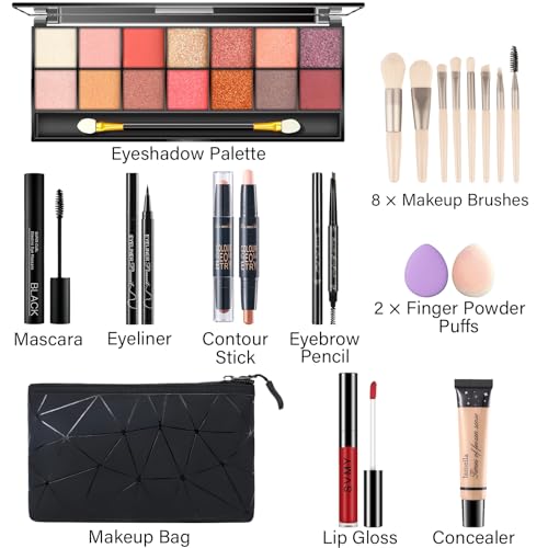 Makeup Set for Women, Makeup Kit for Women Full Kit, Travel Makeup Set, Makeup Gift Set for Girls, 14-Color Eyeshadow Palette, 2 x Lip Gloss, Eyebrow Powder, Contour Stick, Face Make up 04