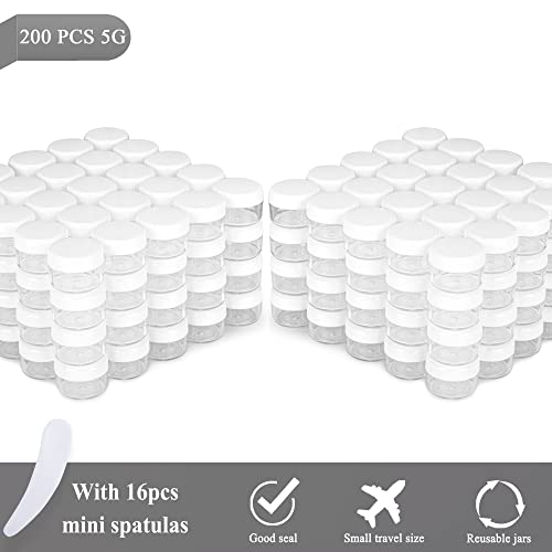 200PCS 5 Gram Sample Containers, 5ml Empty Jars with Lids, Small Cosmetic Containers, Mini Sample Jars with 16PCS Mini Spatulas for Make Up, Oils, Lotion, Powder, Paint, Jewelry, Lip Balms(White Lid)