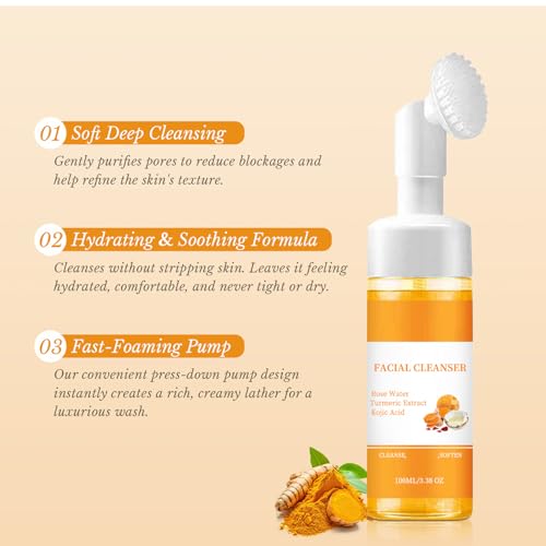 Roseye Turmeric Facial Kit with Brush - Foaming Face Wash & Soap for Refreshed Feel, Hydration, Subtle Shimmer - Unisex Skincare-5pcs