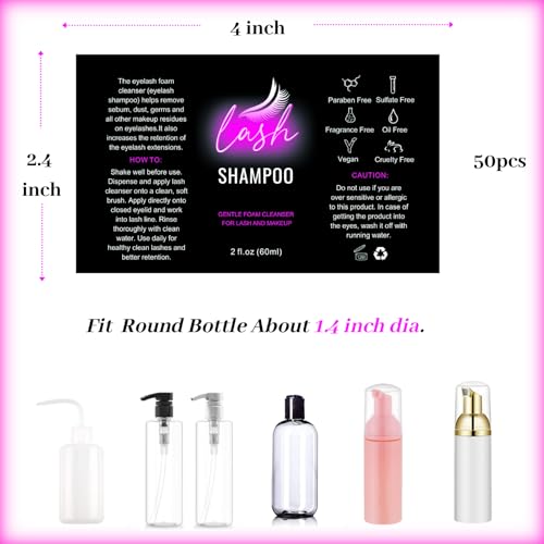 60 Pcs Lash Shampoo Bottle Brushes Kit 10 Empty Foam Pump Dispensers 10 Bath Label Stickers & Care Cards 10 Mascara Wands 10 Cleansing Brush 10 Bag for Eyelash Extensions Aftercare Branding (Black)