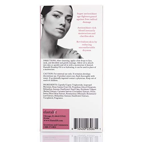 Elastalift Rosehip Oil for face with Vitamin C and Cucumber. Pure Rosehip face oil helps with Wrinkles, Scarring, and Redness for a brighter skin complexion. 1.8 Fl Oz