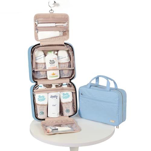 NISHEL Travel Toiletry Bag for women, Portable Hanging Organizer for Family-Sized Shampoo, Conditioner, Brushes Set, Makeup Accessories, Extra Large Size, Placid-Blue
