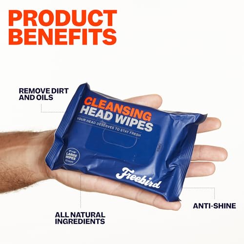 Freebird Head & Body Towelette Wipes for Men - 10ct Large, Rinse-Free Head Towel, Flushable, pH-balanced, Showerless, Perfect for Gym, Camping, Anti-Shine with Natural Aloe, Eucalyptus, Witch Hazel
