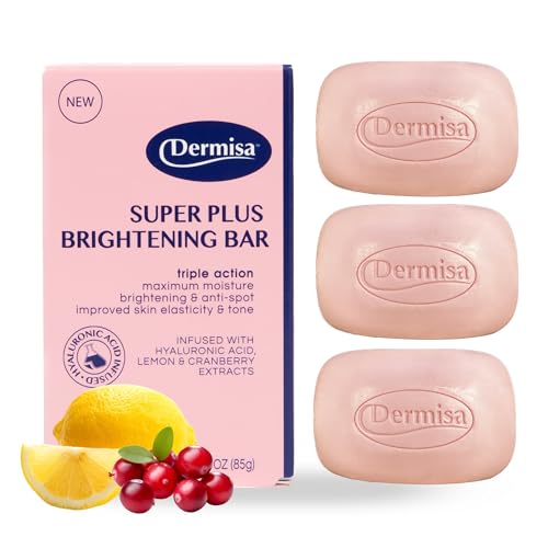 Dermisa Super Plus Brightening Bar Soap with Hyaluronic Acid, Lemon and Cranberry Extract, Maximum Moisture Soap for Even Skin Tone and Elasticity, 3.0 Oz, Pack of 3