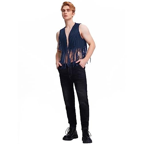 WDIRARA Men's Open Front Sleeveless Fringe Hem Party Club Jacket Vest Outerwear
