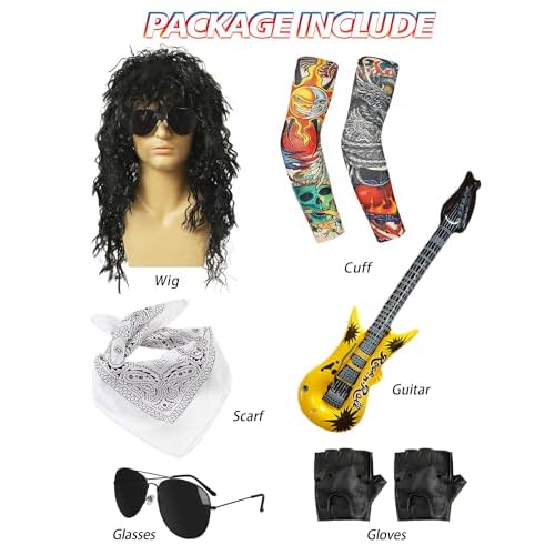 80s Costumes for Men Black Rocker Wig with Bandana Sunglasses Punk Gloves Sleeves for 70s Hippie Party Accessories