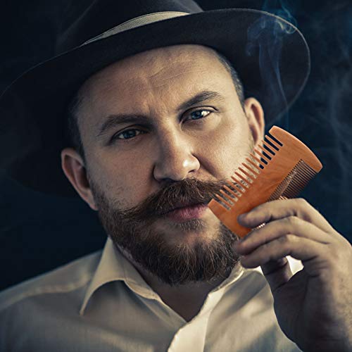 Natural Sandalwood Dual Action Beard & Moustache Combs with Faux Leather Cases (6 Pieces, Yellow)