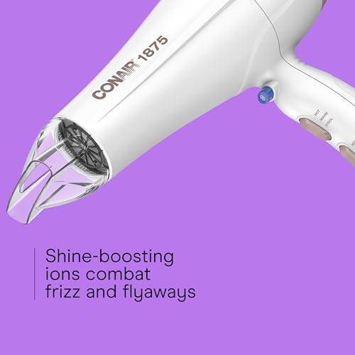 Conair Double Ceramic Hair Dryer, 1875W Blow Dryer with Diffuser and Concentrator, Ionic Conditioning, 3 Heat & 2 Speed Settings, Amazon Exclusive, White
