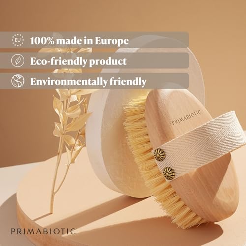 Primabiotic Body Massage Brush with Pouch ? Eco-Friendly Product from Europe ? Beech Wood & Agave Fibers ? Oval Handle with Cotton Strap ? Ideal for Dry Massage and Cellulite Reduction