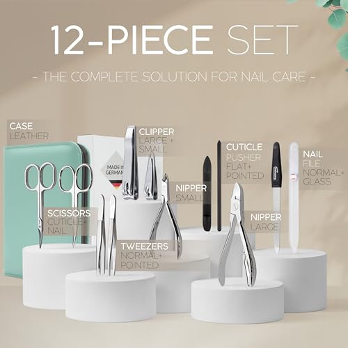 marQus Nail Kit for Men and Women - Manicure Set 12 pcs - German Made Nail Kit - Grooming Set - Genuine Leather Case with exclusive Glass Nail File - Manicure Set made in Germany