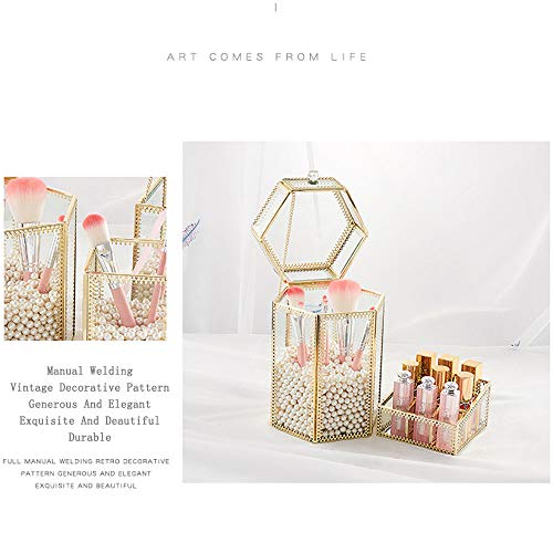 L-Lei Makeup Brush Holder with Lid,Clear Glass Makeup Brush Organizer Gold Makeup Brush Holder with Free White Pearls