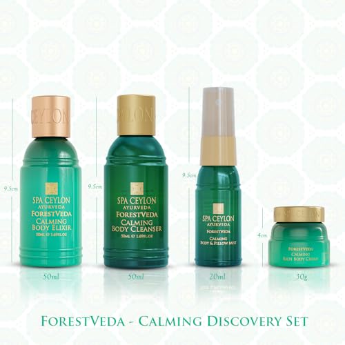 Spa Ceylon ForestVeda Calming Discovery Set ? Wellness Spa Set, Pampering Trial Set, Relaxing Gift with Travel Size Body Lotion, Shower Gel, Body Cream & Pillow Mist, 4-Piece Set