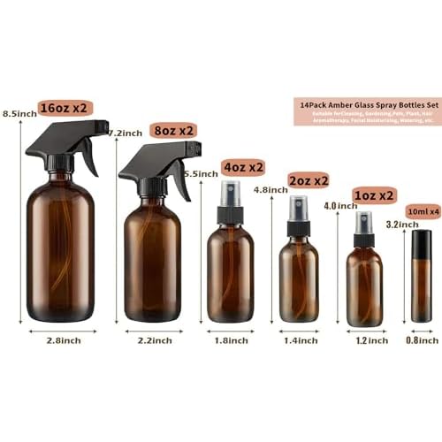 14 Pack amber glass bottle Set,Empty Boston Round Bottles with Adjustable Nozzle,Multi Size and Versatile(16oz,8oz,4oz,2oz,1oz) x 2, 10 ml Roller Bottle x 4 with Labels
