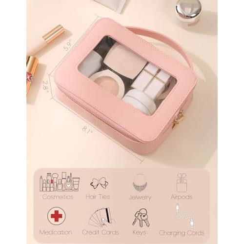 Meiyuuo Clear Makeup Bag Cosmetic Organizer Case with Handle Large Travel Toiletry Bag Zipper Skincare Pouch for Purse Essentials Waterproof Car Bag for Women Off White