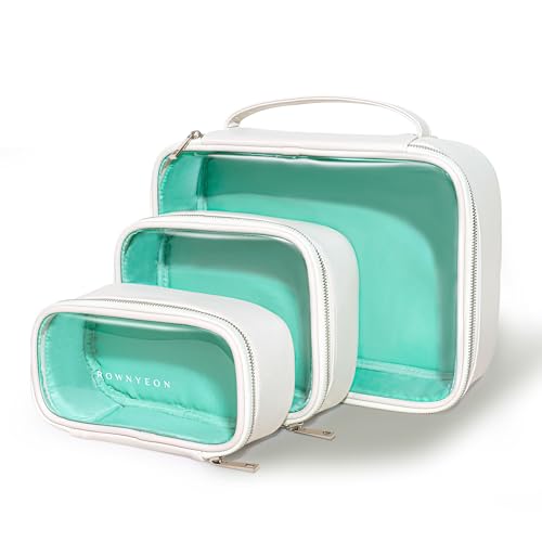 ROWNYEON Clear Makeup Bag Set of 3,Leather Waterproof Cosmetic Bag,Travel Makeup Bag for Women,Portable Toiletry Bag Train Case with Zipper Handle White