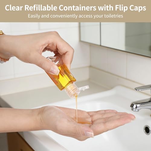 150 Pcs 1 Oz Travel Bottles, Clear Refillable Containers with Flip Caps, Include 5 Plastic Funnels & 3 Label Stickers, Portable Empty Cosmetic Bottles for Shampoo, Body Wash, Face Cream, Toiletries