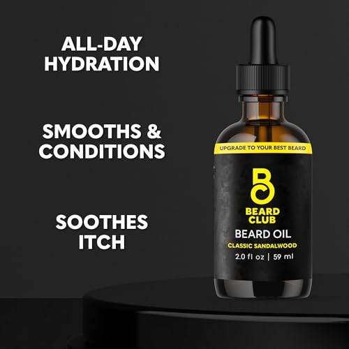 The Beard Club Beard Oil for Men - 2oz Classic Sandalwood Natural Beard Oil with Castor & Amber Oils - Beard & Mustache Conditioner - Hydrates, Softens & Soothes Dry Skin - Strengthens Hair Follicles