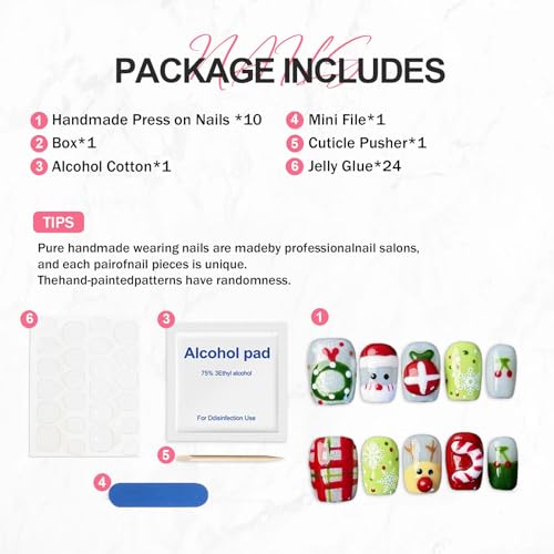 Handmade Christmas Press on Nails Thick Short Square False Nails with Xmas Reindeer Santa Claus Candy Cane Designs Muti-Layer Gel False Nails Full Cover Glitter Acrylic Nails for Women (Size S)