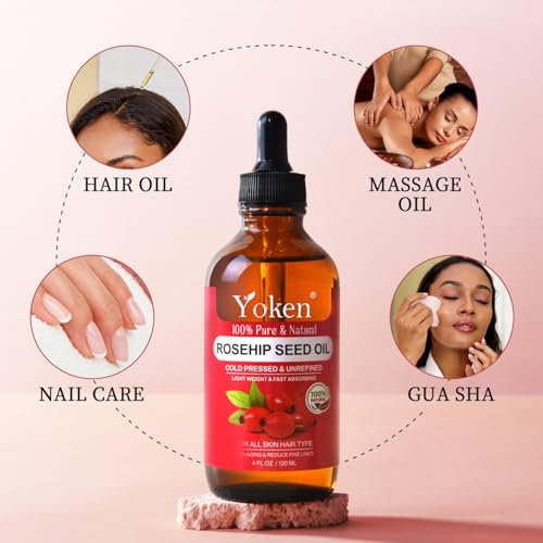 Rosehip Seed Oil for Face, 100% Pure and Natural Cold Pressed Unrefined Organic Rosehip Carrier Oil for Skin, Hair, Body & Nails - Lightweight, Fast-Absorbing (4 fl oz)