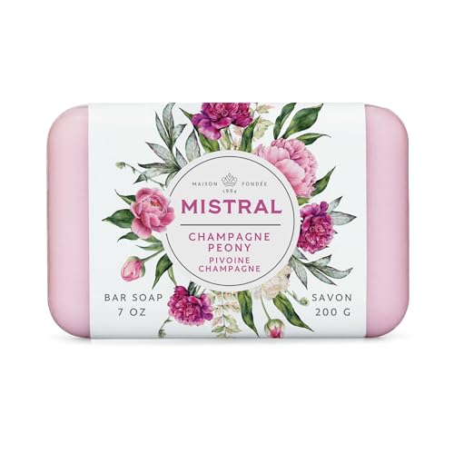 Mistral Classic French Bar Soap, Champagne Peony, 7 oz - Triple-Milled Luxury Natural Soap with Organic Shea Butter & Olive Oil | Long-Lasting Moisturizing Body Soaps for Women & Men (Pack of 2)