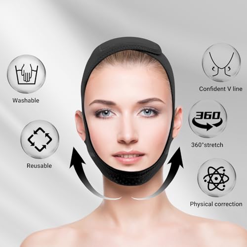 Juskaa Reusable V Line Lifting Mask with Chin Strap for Sleeping,Face Lift Prevent Sagging, Jaw Exerciser,Black,M