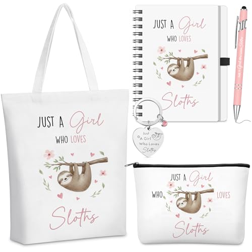 Ceenna 5 Pcs Sloth Gifts for Women, Just a Girl Who Loves Sloth Cosmetic Makeup Bag, Canvas Bag, A6 Spiral Notebook Lined Journal, Writing Gel Ink Pen and Funny Keychain for Girl Animal Lovers Gift