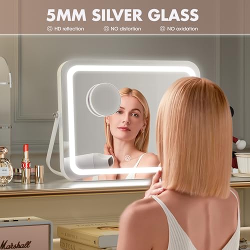 Hasipu LED Makeup Mirror with Bluetooth Speaker, 14" x 10" Wide-Screen Vanity Mirror with Lights, 3 Modes Light, Smart Touch Control Dimmable, Rectangle White Frame