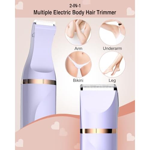 Bikini Trimmer for Women,Painless Electric Razor for Pubic Hair,Rechargeable Body Hair Trimmer,Electric Shaver Removal with Snap-in Ceramic Blades IP7X Washable Head,Wet and Dry Use, Light Purple