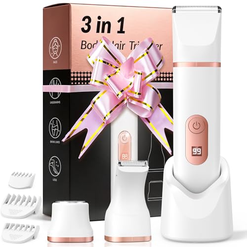 Bikini Trimmer for Women: 3-in-1 LED Display Painless Electric Razor & Shaver for Face, Body & Pubic Hair, IPX7 Waterproof Cordless Body Hair Trimmer, Easy Cleaning & USB Charge Dock, Gift-Ready