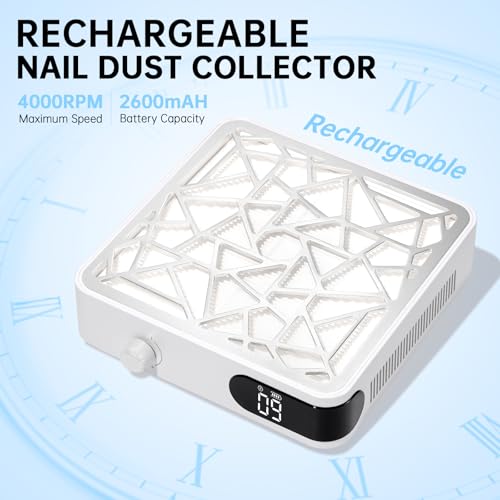 Nail Dust Collector, Cordless Dust Collector Nail Tech, Powerful Vacuum Fan Vent Dust Collector Extractor Dust Suction Machine for Acrylic Nails Polishing, Nail Salon&Home, White