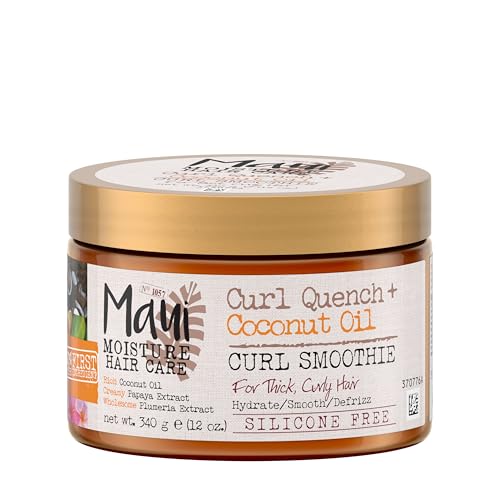 Maui Moisture Curl Quench + Coconut Oil Hydrating Curl Cream Smoothie, Curly Hair Styling Cream with Coconut Oil & Papaya Butter Helps Tame Frizz & Enhance Softness, Silicone Free, 12 oz
