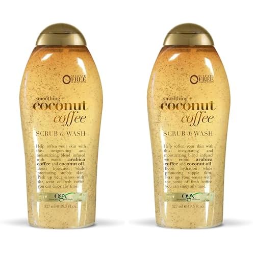 OGX Smoothing + Coconut Coffee Exfoliating Body Scrub with Arabica Coffee & Coconut Oil, Moisturizing Body Wash for Dry Skin, Paraben-Free with Sulfate-Free Surfactants, 19.5 Fl Oz (Pack of 2)
