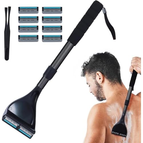 Retractable Long Handle Back Shaver Razor Refills, 8ct | 3 Blade Razor for Men, Shaving Blades, 8 Refills