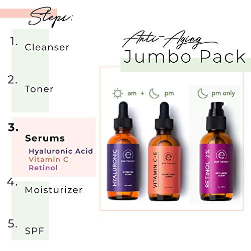 Eve Hansen Full-Size Anti-Aging Serum Set with Hyaluronic Acid, Vitamin C, and Retinol Serums for Improved Appearance of Wrinkles and Fine Lines, Dark Spots, and Skin Firmness 3 x 2 oz