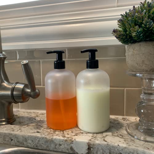Bottiful Home-16 oz Empty PET Plastic Refillable Bottles-Set of 4-with Lotion Pumps for Shampoo, Conditioner, Body Wash, Hand Soap, Dish Soap, Lotion, Cleanser-Drip Free, Rust-Free (Frosted Clear)