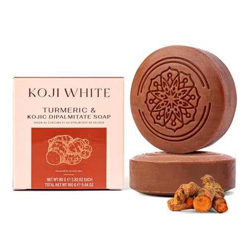 Koji White Turmeric Kojic Acid Soap, Unscented Soap for Sensitive Skin, Uneven Skin Tone, Smooth Skin for Face & Body-Acne with Shea Butter - Vegan, Fragrance-Free, Hypoallergenic, 2.82 oz (2 Bars)