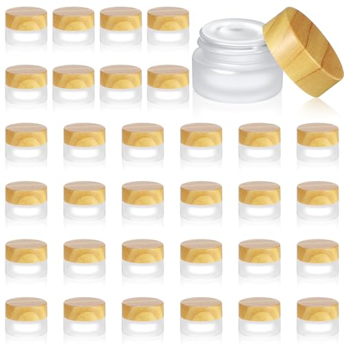 32 Pcs Glass Cosmetic Containers 5 Grams Round Frosted Cosmetic Jars with Leak proof lids Empty glass sample Jars Scrub Balm Lotions Sample Containers for Makeup Lotion Lip Balm Eye Cream