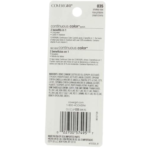 Cg Cs Lipstick 035 Smokey Size .13 O Cover Girl Continuous Color Lip Stick 035 Smokey Rose .13 Oz