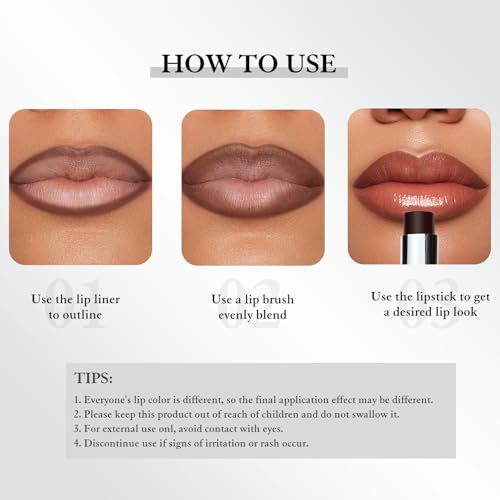 Tinted Lip Balm Brown Lip Liner Set, Hydrating Formula Black Lipstick for Women, Matte Lip Liner and Lipstick Combo Natural Glossy Finish Makeup Lip Care Balm for Repairing Dry Lips