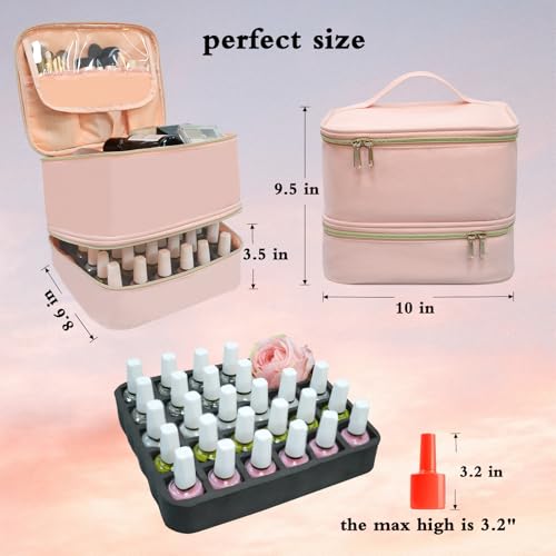 Nail Polish Organizer Case, Double-Layer Nail Supplies Organizer Holds 30 Bottles & Nail Lamp, Professional Nail Kit Storage Makeup Carrying Case (Pink)