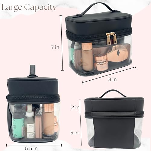 JAZD Clear Makeup Bag Toiletry Bag for Women Cosmetic Large Capacity Travel Make Up Bag Organizer Transparent Train Case TSA Approved (BLACK)