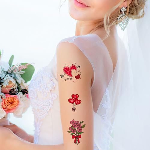 Temporary Tattoos for Women Wife, 105PCS Wedding Love Confession Couple Bridesmaid Romantic Party Body Stickers, Valentine's Day Fake Tattoos, Heart Flower Angel Decorations Gifts
