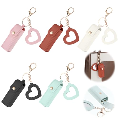 5 PACK Lipstick Holder Keychain with Mirror, PU Leather Portable Lipsticks Holder Soft Leather Portable Lipstick Pouch with Metal Key Ring for Travel Party Gift Valentine's Day for Women